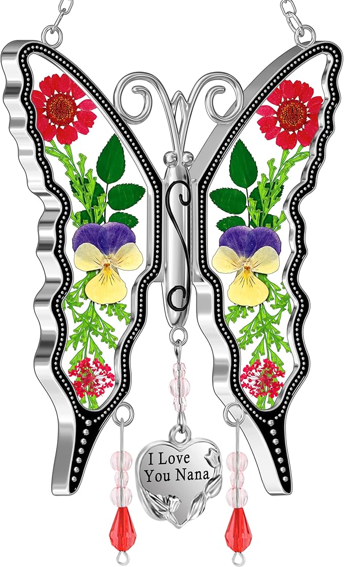 KY&BOSAM Butterfly Suncatcher I Love You Nana Gifts Stain Glass Suncatchers for Window Hanging Wind Chime Pressed Real Flower and Heart Charm Birthday Gift for Nana Mother`s Day Valentine`s Christmas