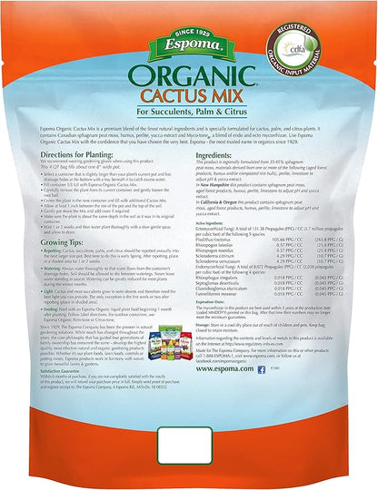 Espoma Organic Cactus Potting Soil Mix, Natural & Organic Soil for Cactus, Succulent, Palm, and Citrus Grown in containers Both Indoors and Outdoors, 8 qt, Pack of 2