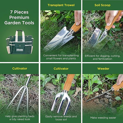 Gardening Tool Set, Stainless Steel 7-Piece Gardening Tools with Heavy-Duty Folding Stool and Detachable Canvas Tote Bag, Green and White, Ideal Gardening Gifts for Women and Men