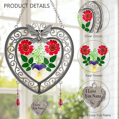 KY&BOSAM Heart Suncatchers I Love You Nana Tree of Life Stained Glass Panels Hangings for Windows Wind Chime Home Garden Outside Decor with Pressed Real Flower Heart in Glass Birthday Gifts for Women