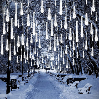 Solar Meteor Shower Lights,Solar Christmas Lights Outdoor Waterproof,16 Tubes 384 LEDs (Equivalent to 2 Sets of 8-Tube) Icicle String Light,LED Rain Drop Light for Tree Garden Decoration (Cool White)