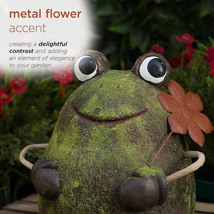Alpine Corporation MCC834 Indoor/Outdoor Frog with Flower Garden Statue, Playful Frog Statue for Yard, 20" H, Green