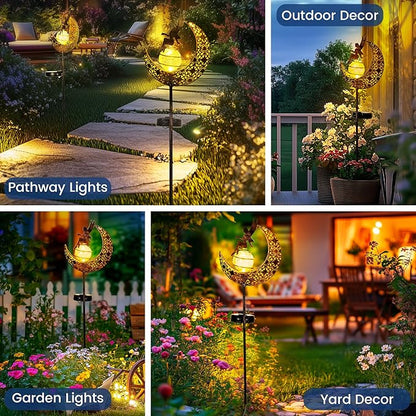 Fairy Moon Solar Lights Outdoor Garden Stakes, Waterproof Metal Decor Gifts for Women Mom, Art Moon Sculpture for Yard, Patio, Garden, Porch, 2 Pack