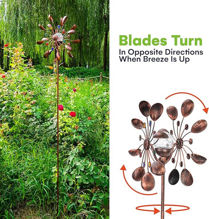 SteadyDoggie 75-Inch Wind Spinners Jewel Cup - Solar-Powered with Multi-Color LED Glass Ball - Metal Kinetic Windmill for Dual Wind Direction - Easy to Assemble Garden and Outdoor Yard Decorations
