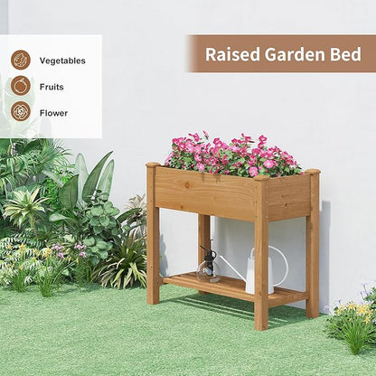 FILWH Raised Garden Bed with Legs Elevated Wooden Planter Box Stand Large Planter Stand Box for Fruits Vegetables Flowers with Divider with Bag - 34x18x30.5IN（Brown）