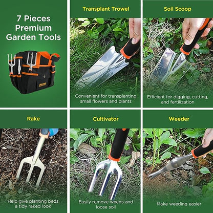 Gardening Tool Set, Stainless Steel 7-Piece Gardening Tools with Heavy-Duty Folding Stool and Detachable Canvas Tote Bag, Black and Orange, Ideal Gardening Gifts for Women and Men