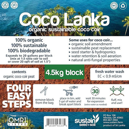 Organic Coco Coir by Coco Lanka - 10lb/4.5KG Compressed Coco Coir Block with Low EC and pH Balance - High Expansion for Flowers, Herbs, and Planting - Renewable Coconut Soil
