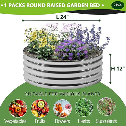 2PCS 2x2x1FT Galvanized Raised Garden Bed Kit,Vegetable Boxes-Round Metal Flower Box,Large Planter Raised Beds Outdoor Garden for Planting,Fruit,Herb-Sliver