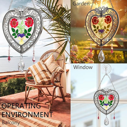 KY&BOSAM Heart Suncatcher Crystal Tree of Life Stained Glass Panles Real Flower Hangings for Windows Home Garden Outside Wind Chime Decor Birthday Gifts for Women Mother`s Day Christmas Ornament