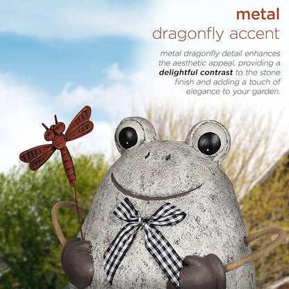 Alpine Corporation MCC862 Indoor/Outdoor Frog with Dragonfly Garden Statue, Stone Finish Frog Statue for Yard, 24" H, Silver