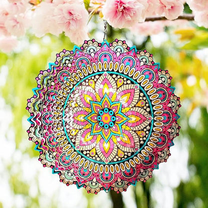 Wind Spinner Blossom Mandala Wind Spinners Outdoor 12inch 3D Stainless Steel Hanging Wind Sculptures Creates Holographic Effect. Kinetic Garden Decoration Yard Art Decor Worth Mandala Gifts