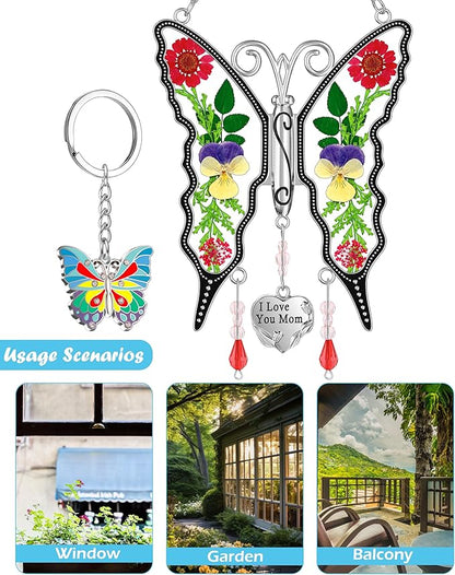 KY&BOSAM I Love You Mom Butterfly Suncatcher for Window Gift for Mom Pressed Flower Between Wings in Glass Metal Engraved Charm Gift for Women Mother's Day Valentine's Birthday Thanksgiving Christmas