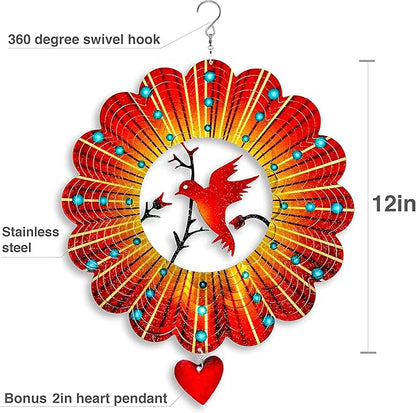 SteadyDoggie Wind Spinner - 12-Inch 3D Stainless Steel Lovebird Design with Heart Pendant - Laser Cut Metal Art Geometric Pattern - Hanging Kinetic Yard Garden Decor