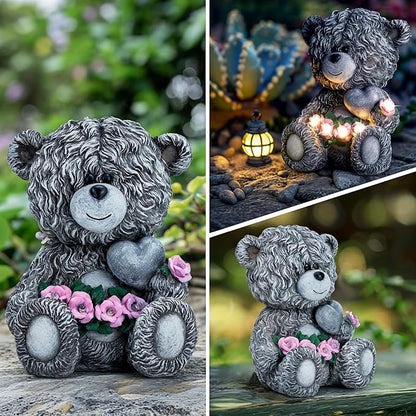 Solar Garden Outdoor Statues Bear with Heart and Pink Flower and 5 LED Lights-Lawn Decor Bear Statue for Patio, Balcony, Yard Ornament-Unique Valentine's Day and Housewarming Gifts for Mom, Women