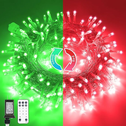 JMEXSUSS 200 LED Christmas String Lights Outdoor, Red & Green Christmas Lights Clear Wire, 11 Modes Connectable Twinkle String Lights Plug in for Christmas Halloween Garden Home Decorations