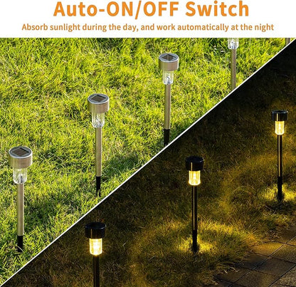 GIGALUMI Solar Pathway Lights 12 Pack, Stainless Steel IP44 Waterproof Auto On/Off Outdoor LED Solar Landscape Lights for Garden, Yard, Patio, Path and Walkway. (Warm White)