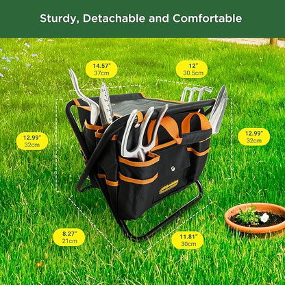 Gardening Tool Set, Stainless Steel 7-Piece Gardening Tools with Heavy-Duty Folding Stool and Detachable Canvas Tote Bag, Black and Orange, Ideal Gardening Gifts for Women and Men