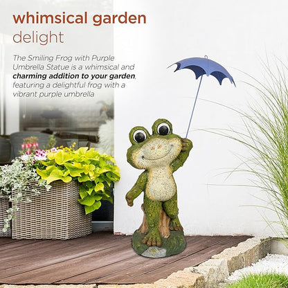 Alpine Corporation QWR1002 Indoor/Outdoor Smiling Frog with Purple Umbrella Garden Statue, Playful Frog Statue, 27" H, Green