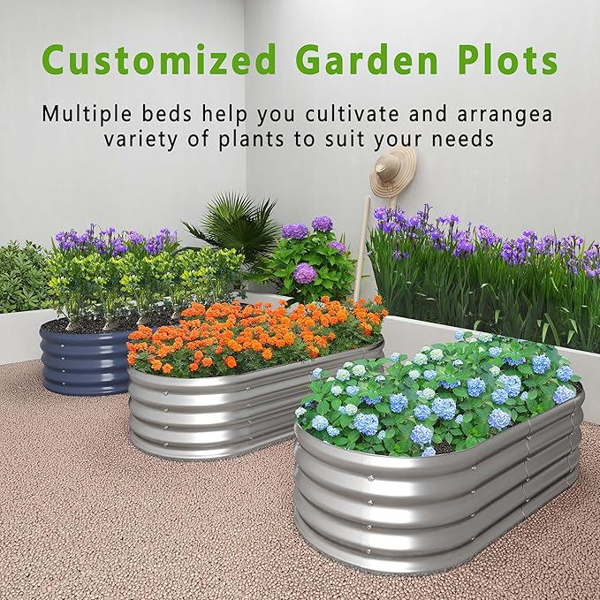 KFN 2PCS 4x1.8x1FT Galvanized Raised Garden Bed,Raised Garden Bed Kit-Oval Metal Vegetable Box,Large Planter Flower Boxes Outdoor,Planting for Vegetables,Flower,Herb,Sliver,0.7mm